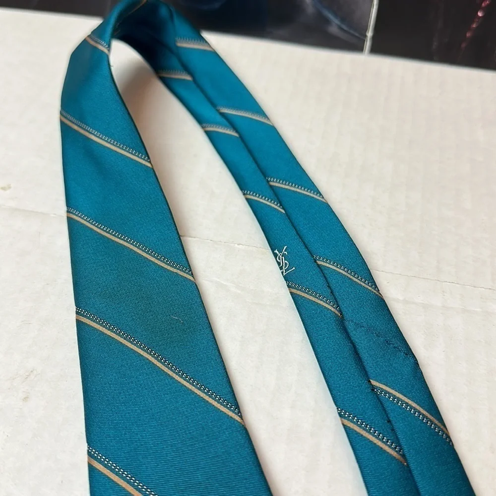 Vintage 1970s YSL Yves Saint Laurent Silk Tie Teal Gold Stripe Paris New York